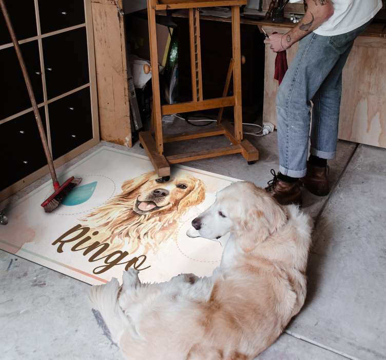 Vinyl tapijt golden retriever water en voer - TenStickers