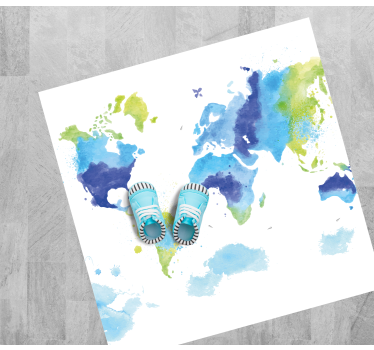 Blauw en groen aquarel vinyl tapijt wereldkaart - TenStickers