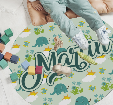 Olifanten en bloemen met naam vinyl tapijt meer kinderen - TenStickers