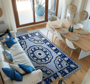Oosters blauw ontwerp vinyl tapijt eetkamer - TenStickers