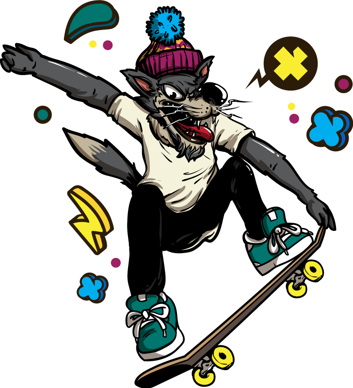 Dieren vinyl tapijt wolve op skateboard - TenStickers