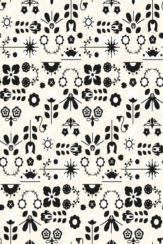 Dieren vinyl tapijt zwart-wit folkloristisch patroon - TenStickers
