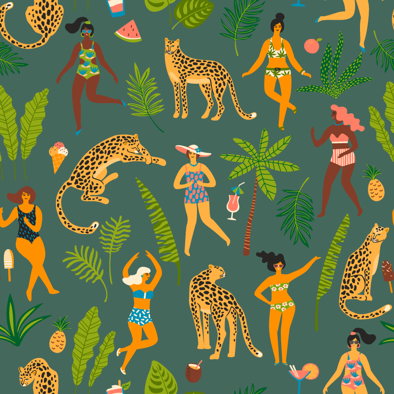 Dieren vinyl tapijt vrouwen en luipaard achtergrond - TenStickers