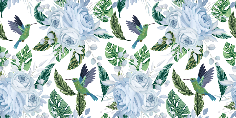 Vinyl tapijt bloemen en planten blauwe tuin met vogels - TenStickers