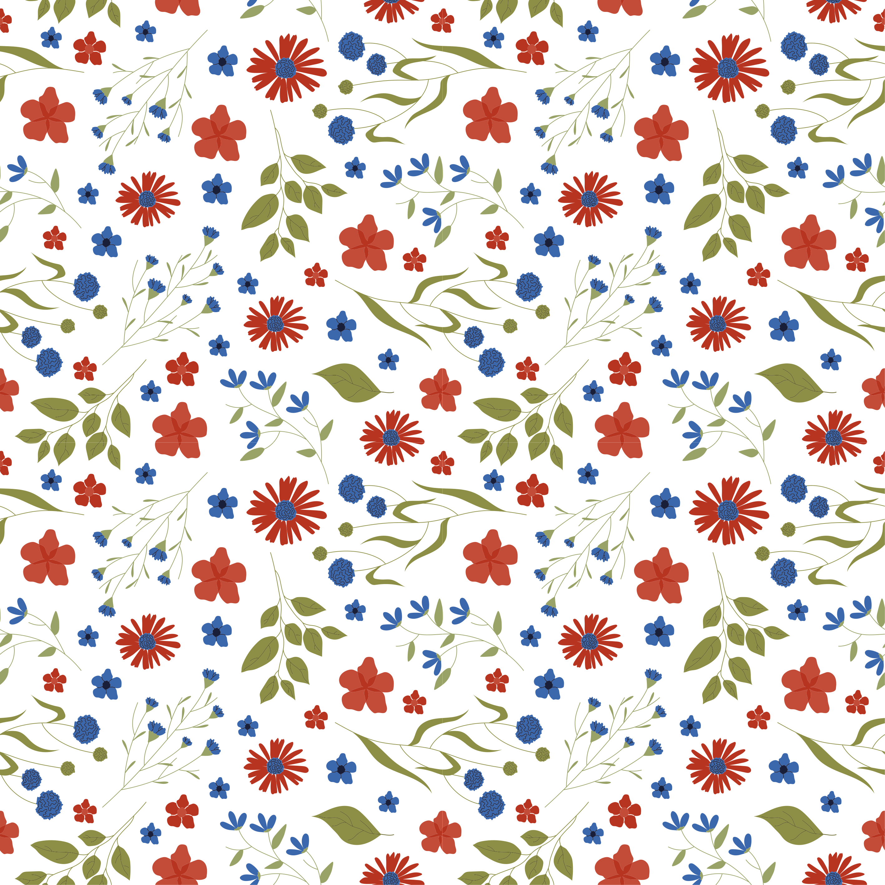 Vinyl tapijt bloemen en planten blauwe en rode tuinpatronen - TenStickers