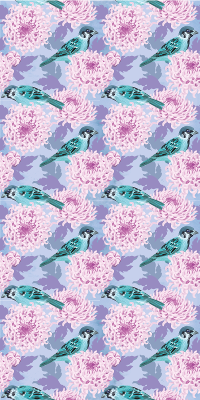 Vinyl tapijt bloemen en planten roze tuinbloemen met vogels - TenStickers