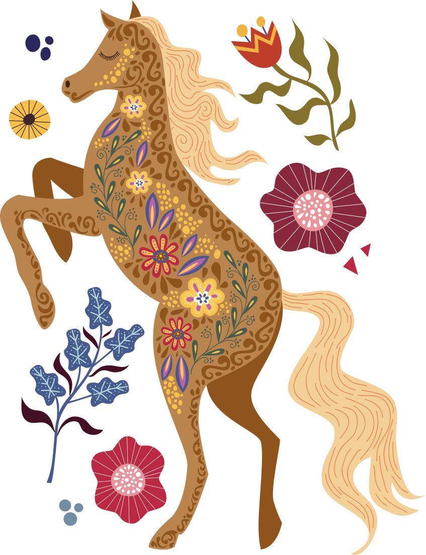 Vinyl tapijt bloemen en planten paarden folklore illustratie - TenStickers