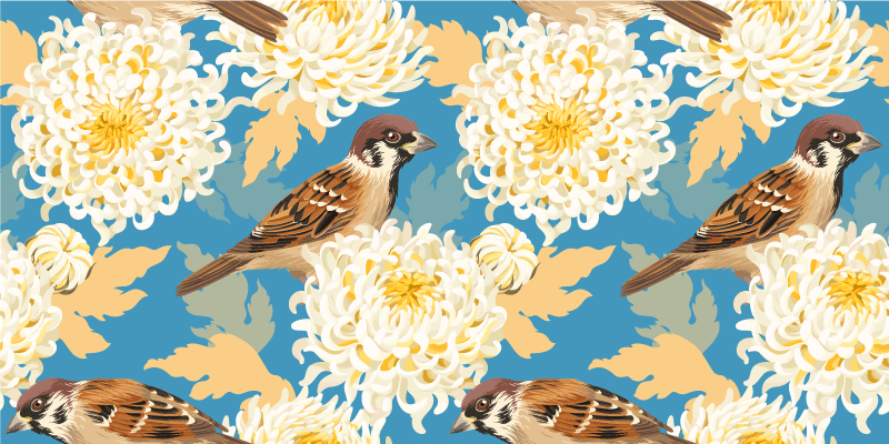 Vinyl tapijt bloemen en planten aquarella vogels en bladeren - TenStickers