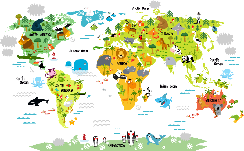 Vinyl tapijt wereldkaart engelse fauna ontwerp - TenStickers