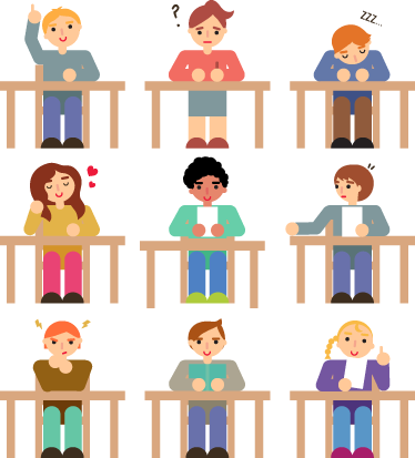 Vinyl tapijt kind sticker collectie leerlingen aan bureau - TenStickers