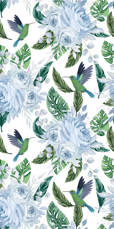 Vinyl tapijt keuken blauwe tuinbloemen met vogels - TenStickers