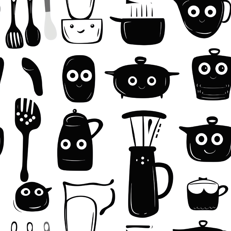 Vinyl tapijt keuken getekende zwarte keukengerei - TenStickers