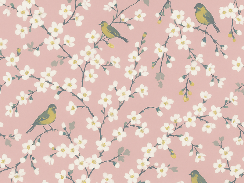 Vinyl tapijt natuur pink orchard birds - TenStickers