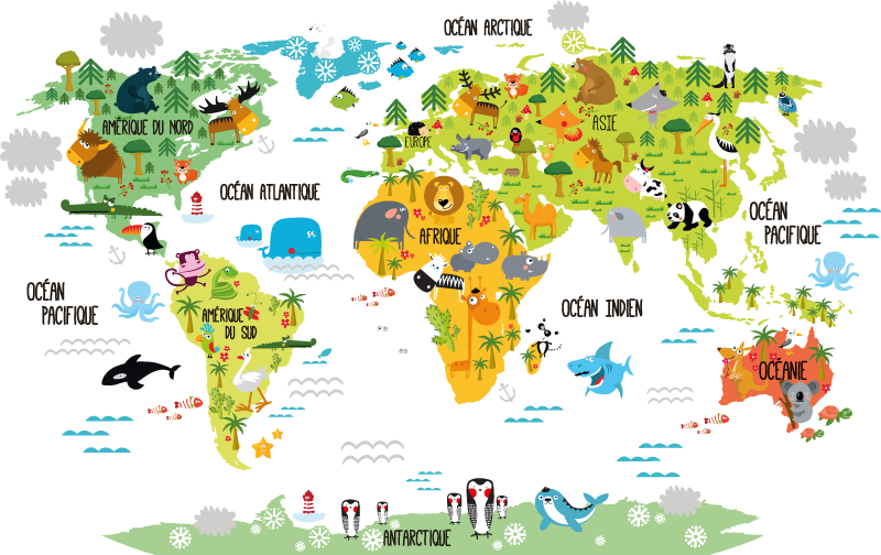 Vinyl tapijt wereldkaart kinder dierenkaart fr - TenStickers