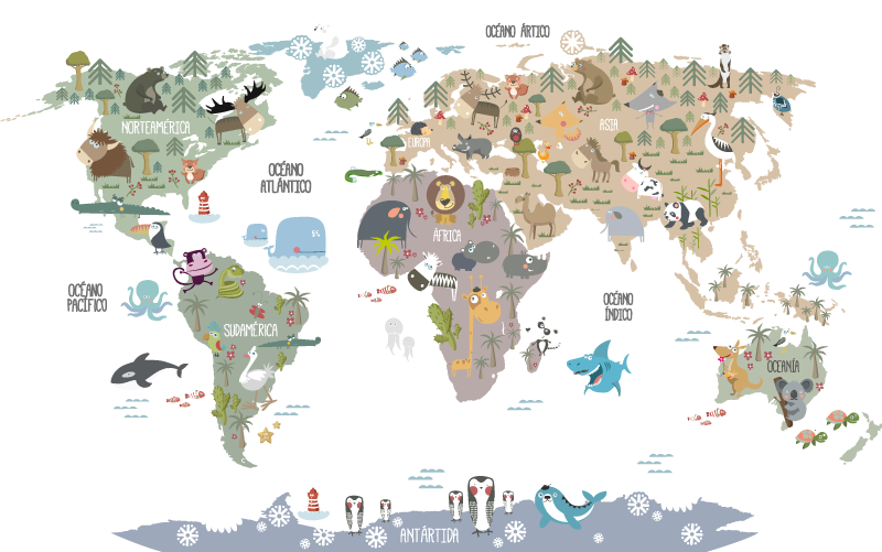 Vinyl tapijt wereldkaart met pastel dierenprint - TenStickers