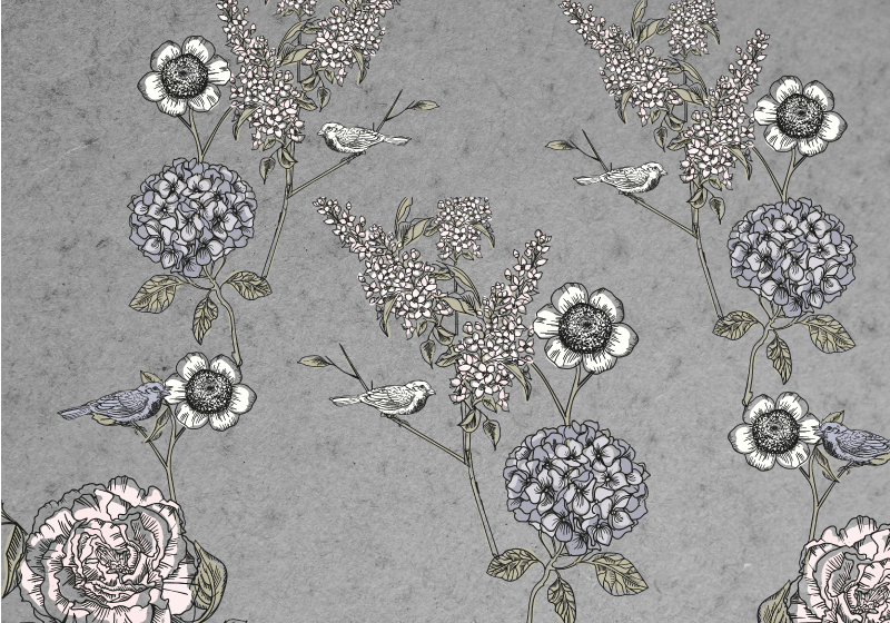 Vinyl tapijt antiek grijze vintage takken met vogels - TenStickers