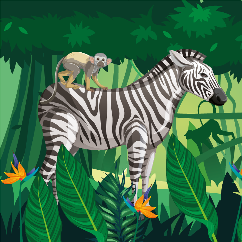 Vinyl tapijt kind giraffe zebra en aap samen quadres 4 - TenStickers
