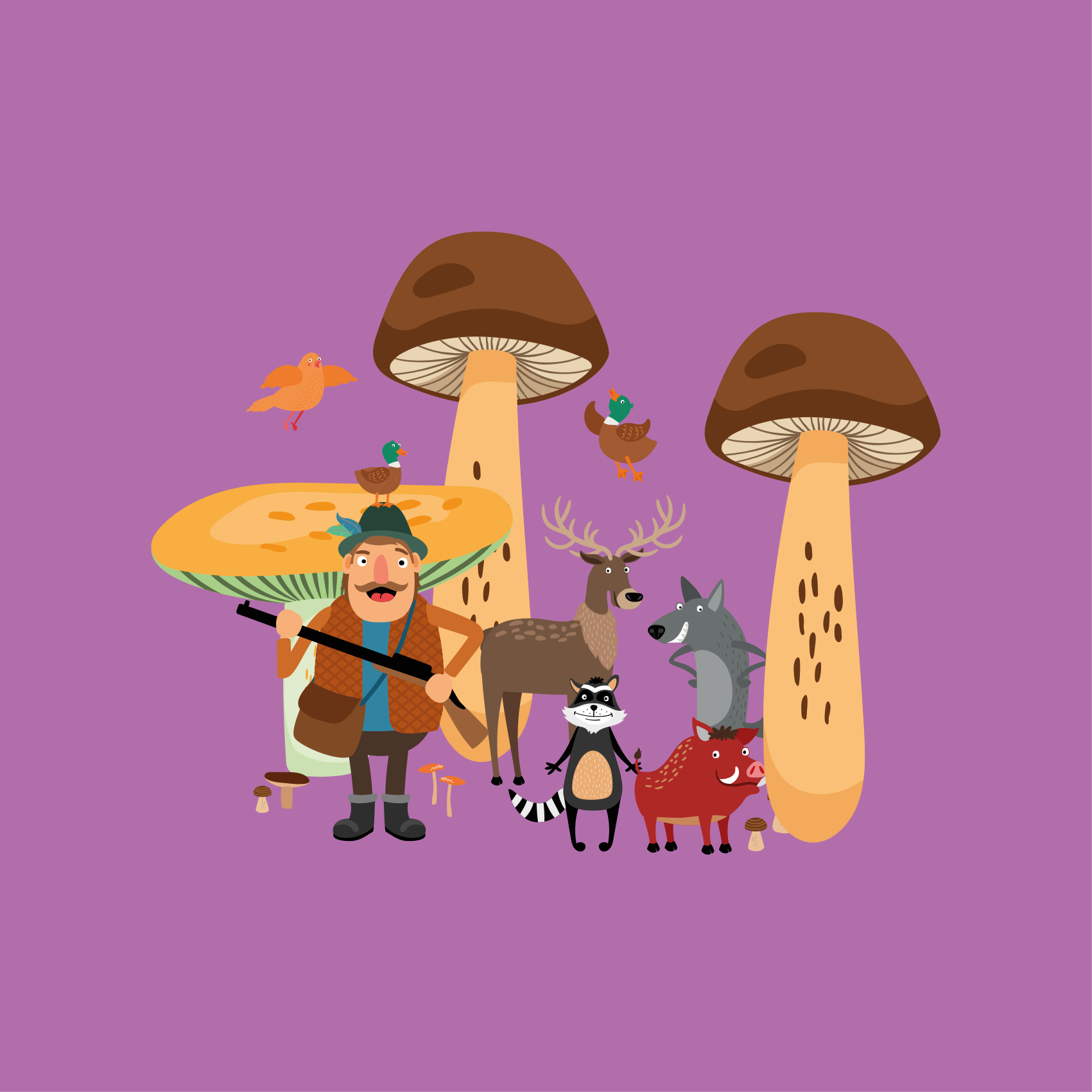 Vinyl tapijt kind vogels in paddenstoelenbos - TenStickers