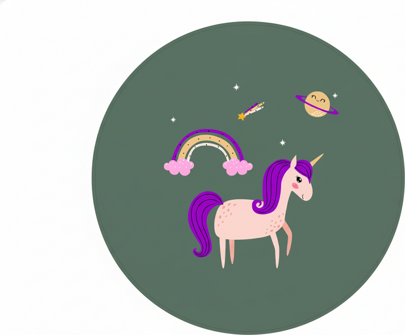 Vinyl tapijt kind met artistieke eenhoorns op groen - TenStickers