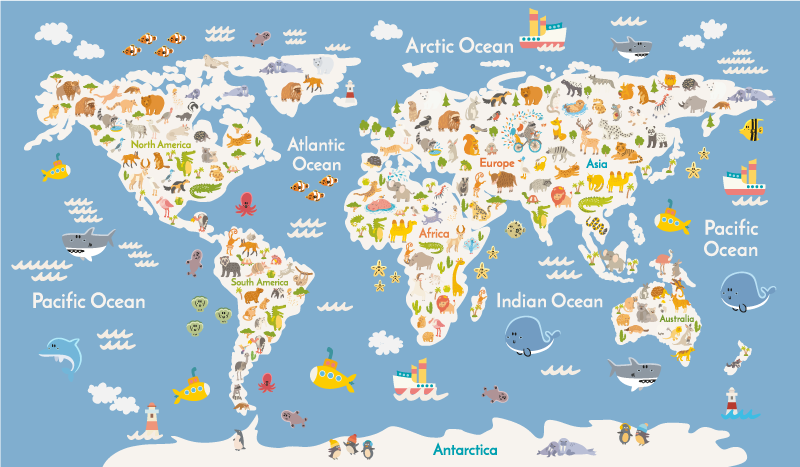 Vinyl tapijt wereldkaart witte fauna voor kids - TenStickers