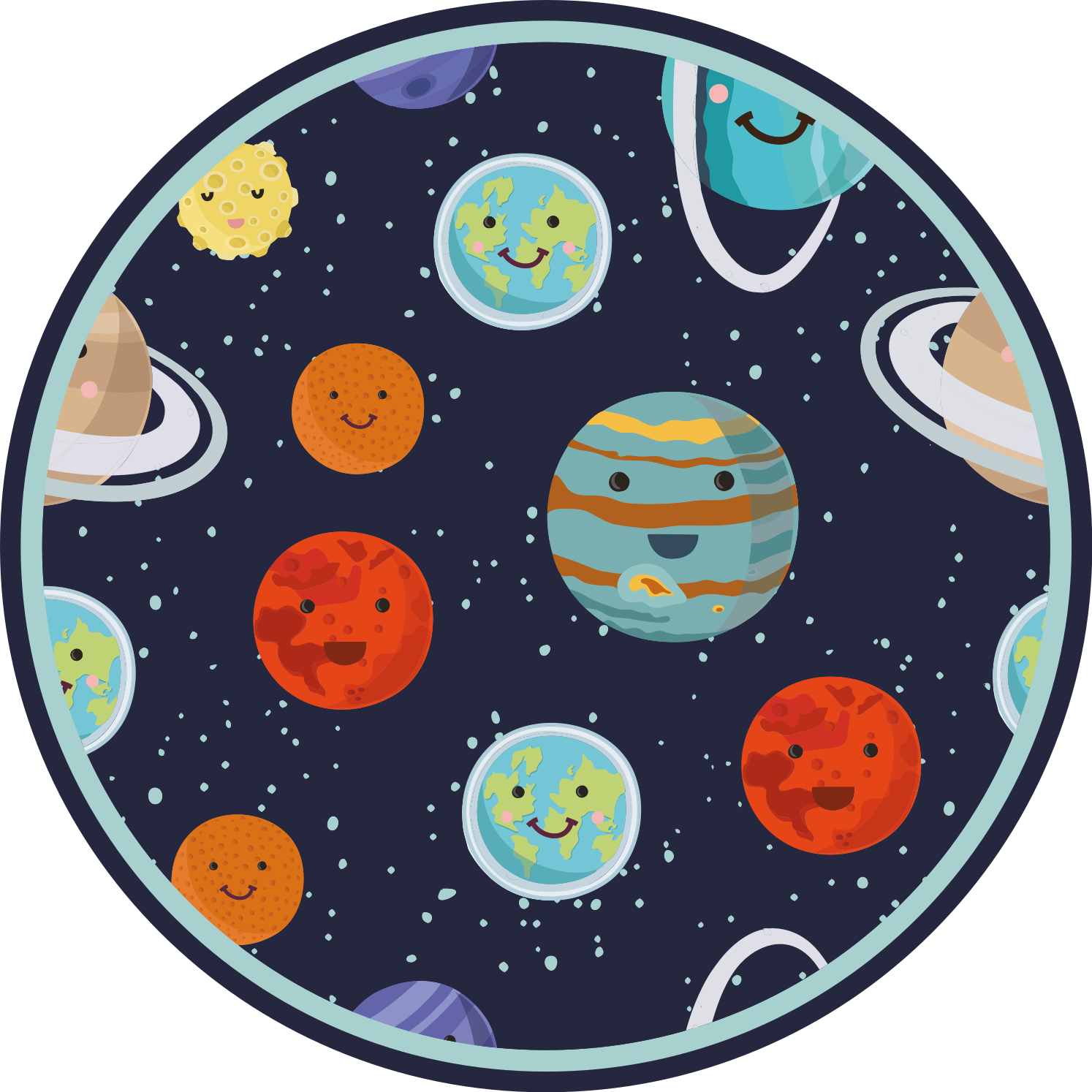 Glimlachende Planeten Vinyl vloerkleed rond - TenStickers