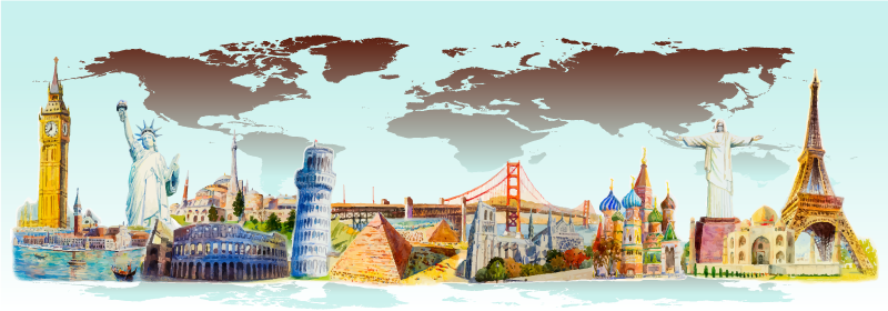 Kleurrijke oriëntatiepuntencollage vinyl tapijt wereldkaart - TenStickers