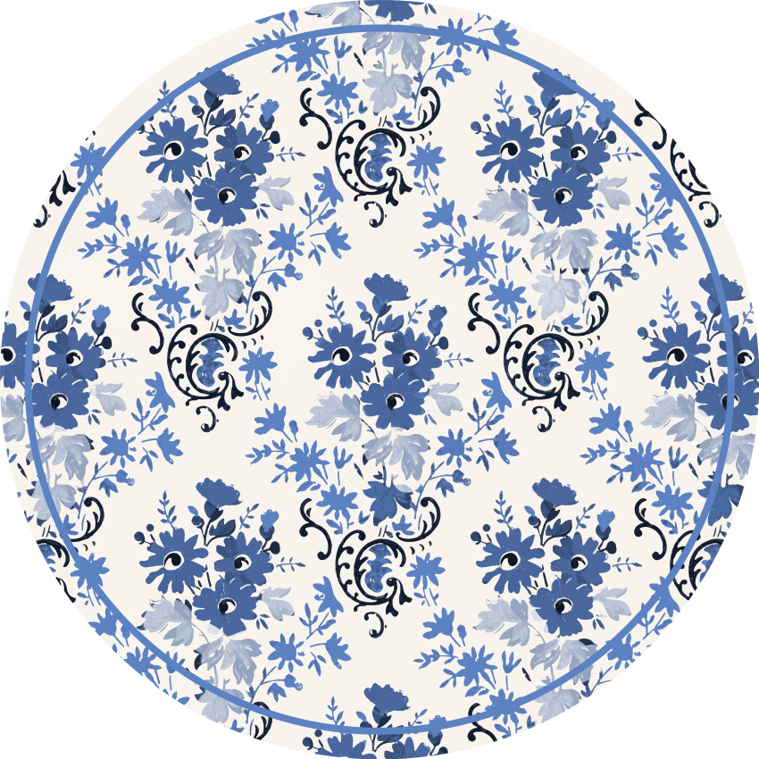 Bloemenblauwe print vinyl tapijt rond - TenStickers