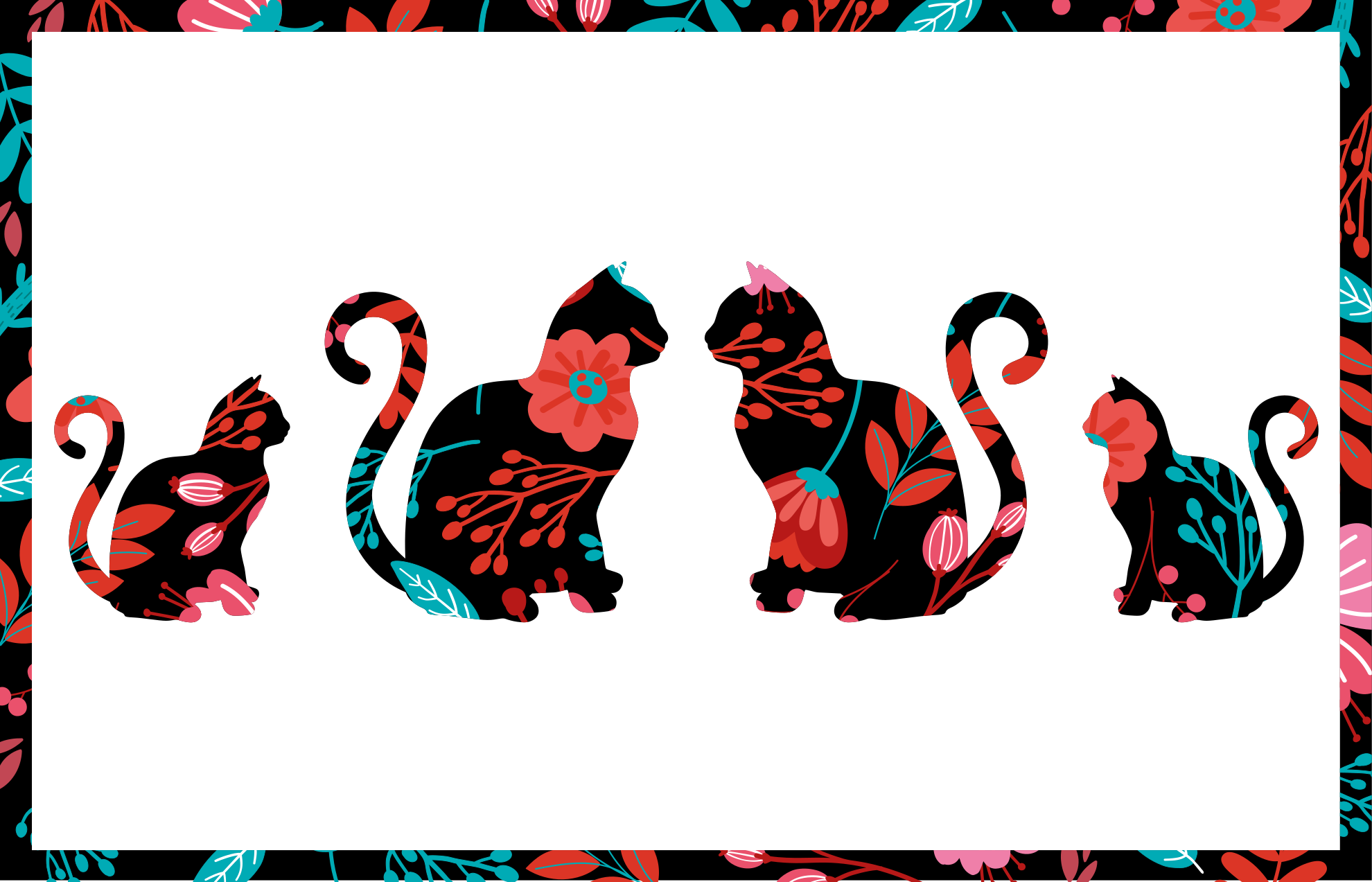 Kleurrijke kattensilhouetten vinyl tapijt bloemen en planten - TenStickers