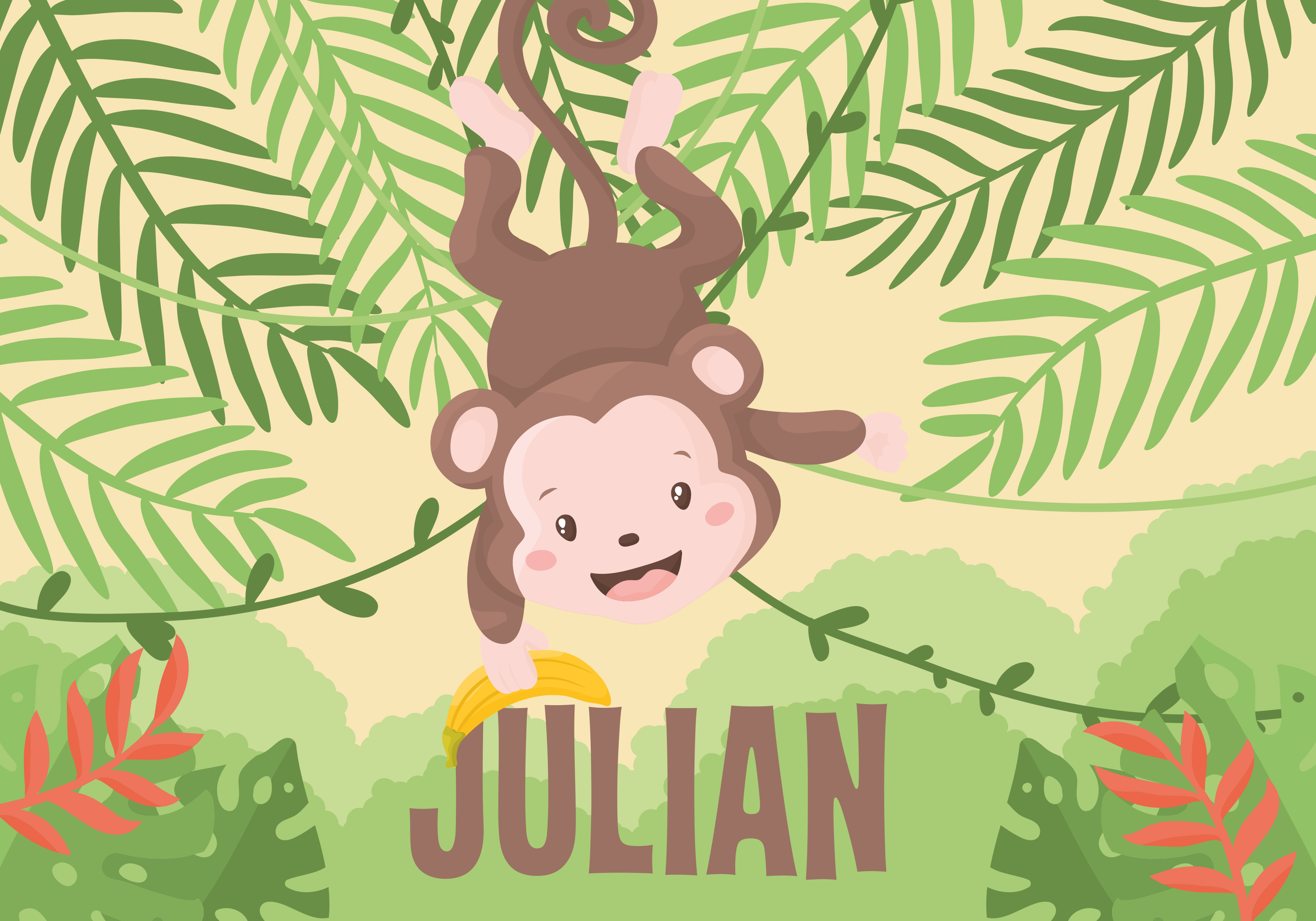 Speels apenthema vinyl tapijt met naam - TenStickers