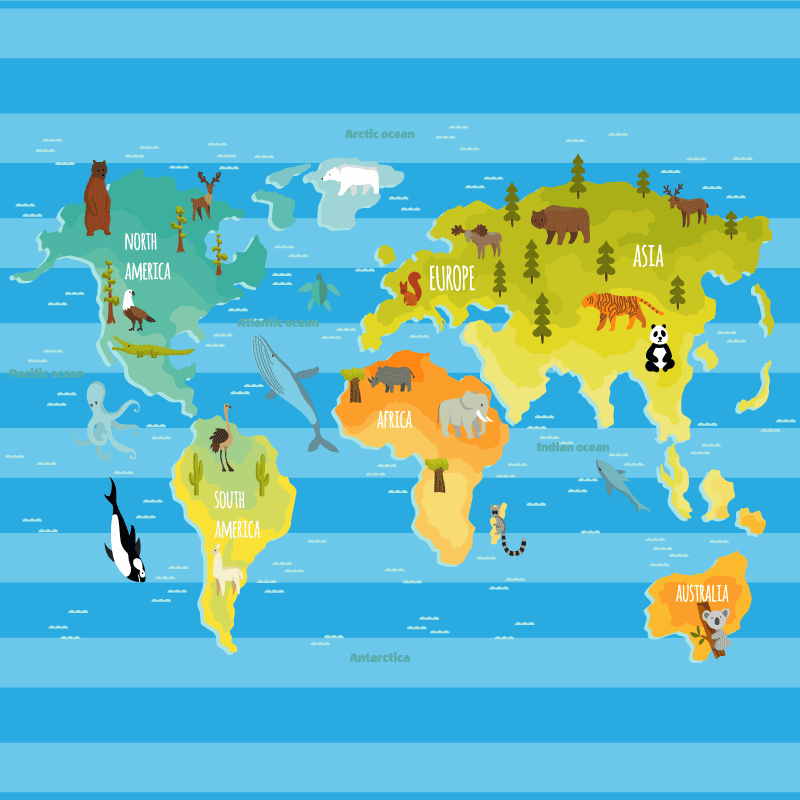 Blauw gestreepte kaart vinyl tapijt wereldkaart - TenStickers