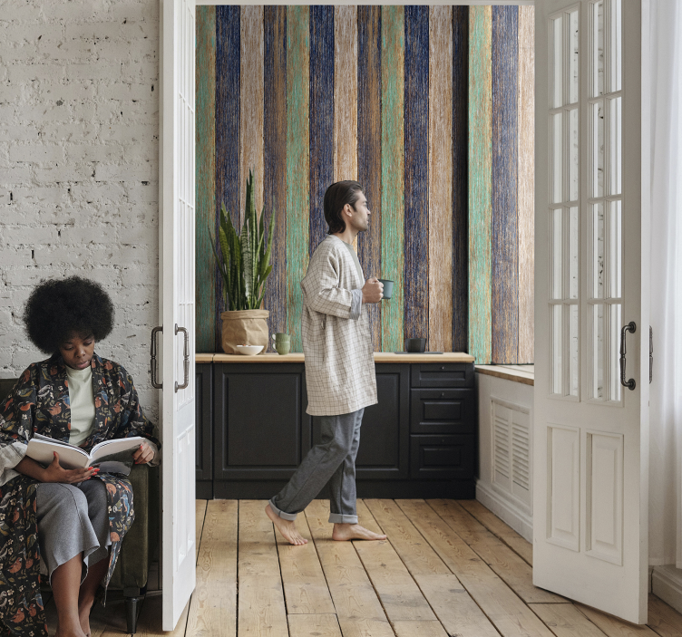 Kleurrijk verweerd ontwerp behang houtlook - TenStickers