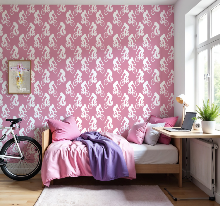 Wit fietserspatroon roze behang - TenStickers