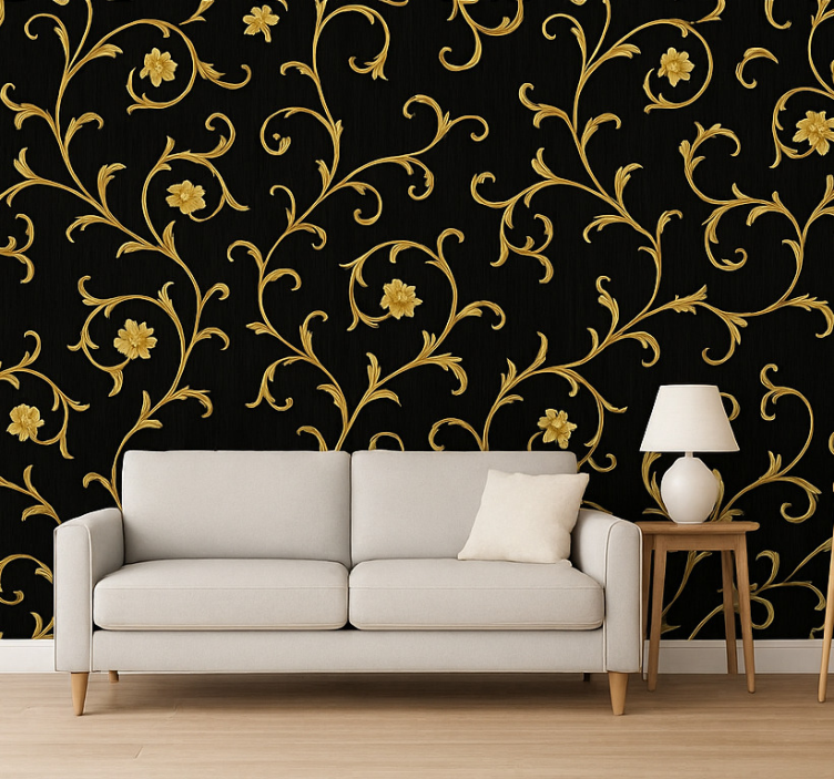 Barok behangpapier gouden scroll middernacht noir - TenStickers