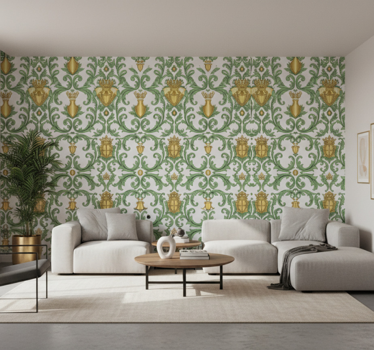 Barok behangpapier ornamentaal groen en goud - TenStickers