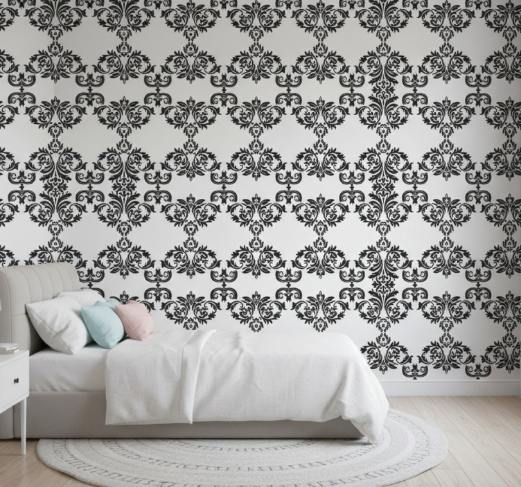 Barok behangpapier zwart damast bloemenpatroon - TenStickers