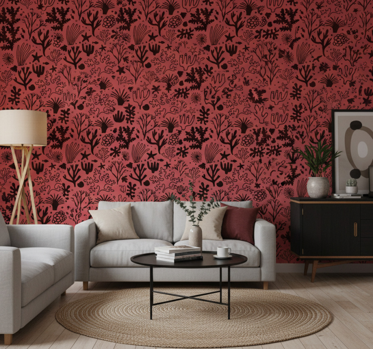 Behang boom australische bladeren rood en zwart - TenStickers