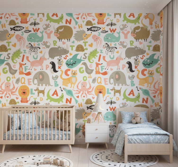 Behang dieren kinderen met alfabetletters - TenStickers