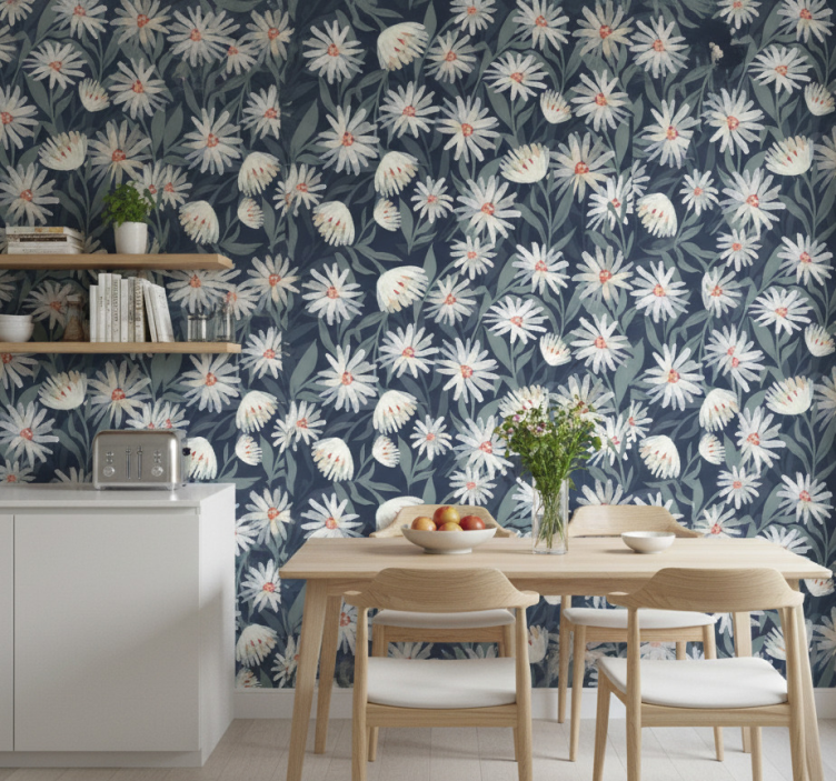 Behang keuken blauwe achtergrond madeliefjes bloemen - TenStickers