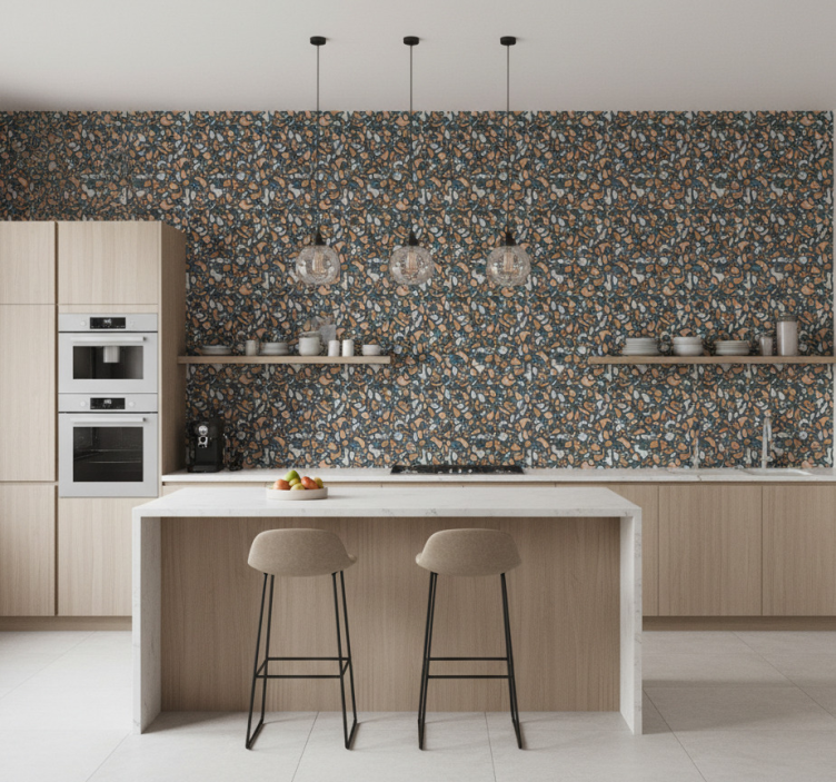 Behang keuken bruin en blauw terrazzo - TenStickers