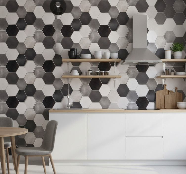 Behang keuken grijze hexagons - TenStickers