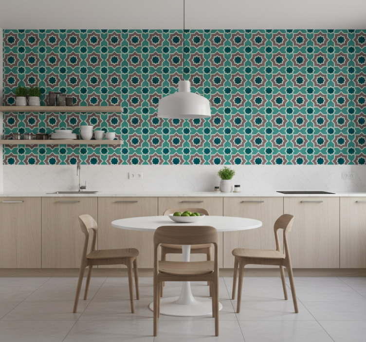 Behang keuken turquoise en groene vormen - TenStickers