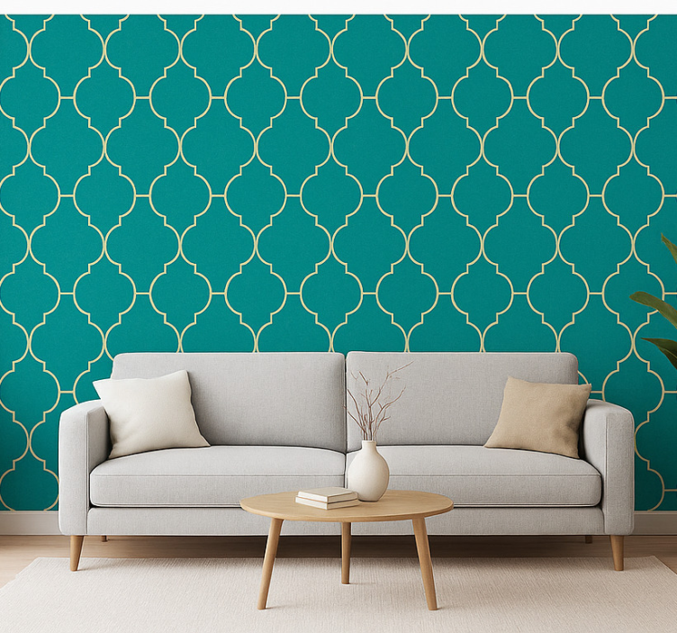 Behang woonkamer gouden en turquoise motief - TenStickers