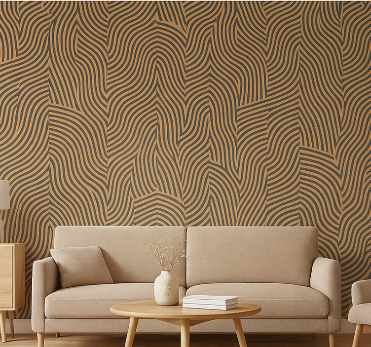 Behang woonkamer moderne zwarte en oranje lijnen - TenStickers