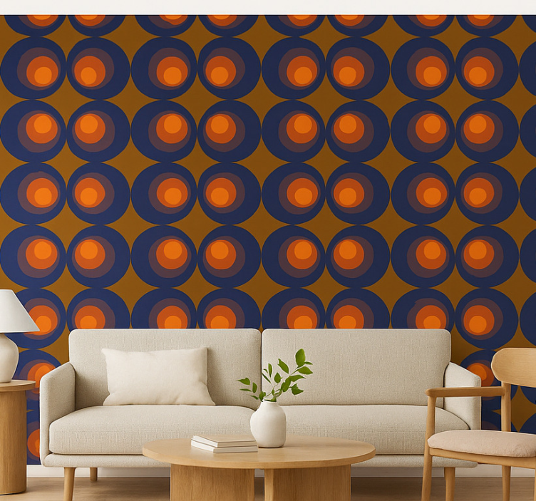 Behang woonkamer retro donkerblauw en geel cirkels - TenStickers
