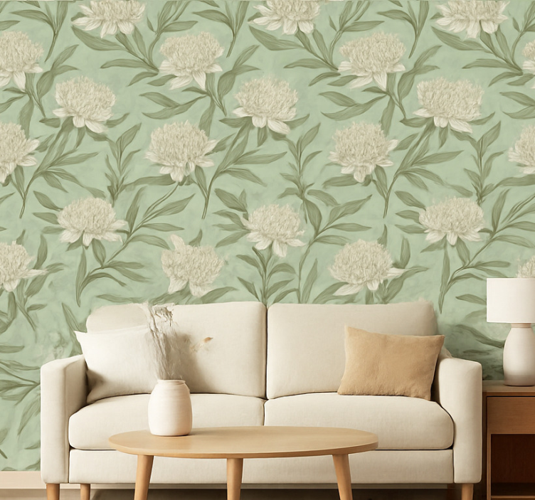Behang woonkamer witte protea-stijl bloesems - TenStickers