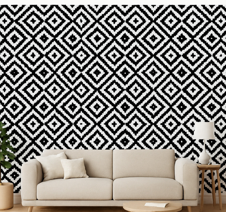 Behang woonkamer zwart-wit vierkant design - TenStickers