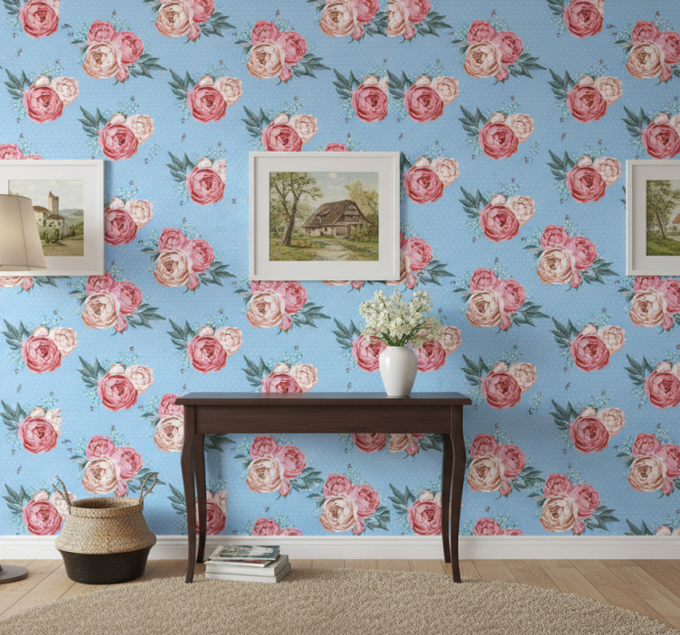 Behangpapier gang blauwe bloeiende roze rozen - TenStickers