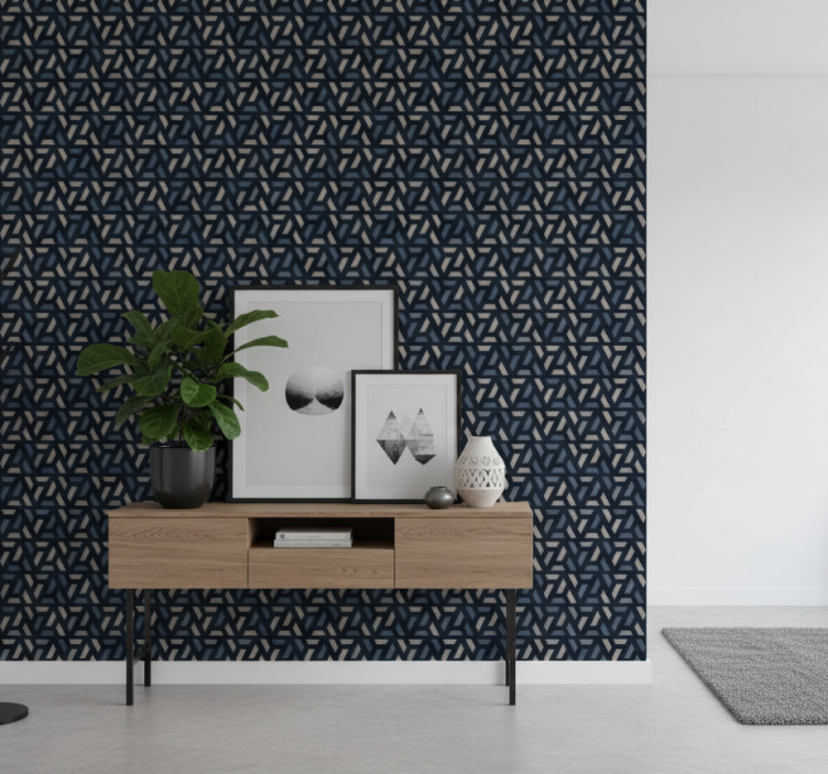 Behangpapier gang geometrisch blauw en grijs driehoekpatroon - TenStickers