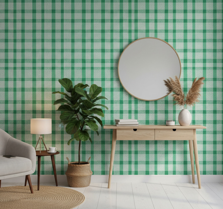 Behangpapier gang groen en witte patroon vierkanten - TenStickers