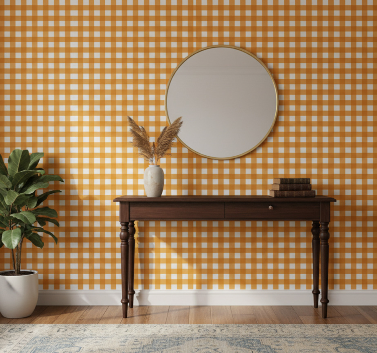 Behangpapier gang oranje en witte patroon vierkanten - TenStickers